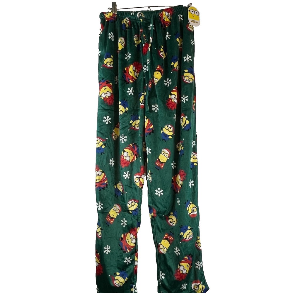 Minions Christmas Pajama Pants Men's L Green Fleece Lounge Sleep Pants NWT